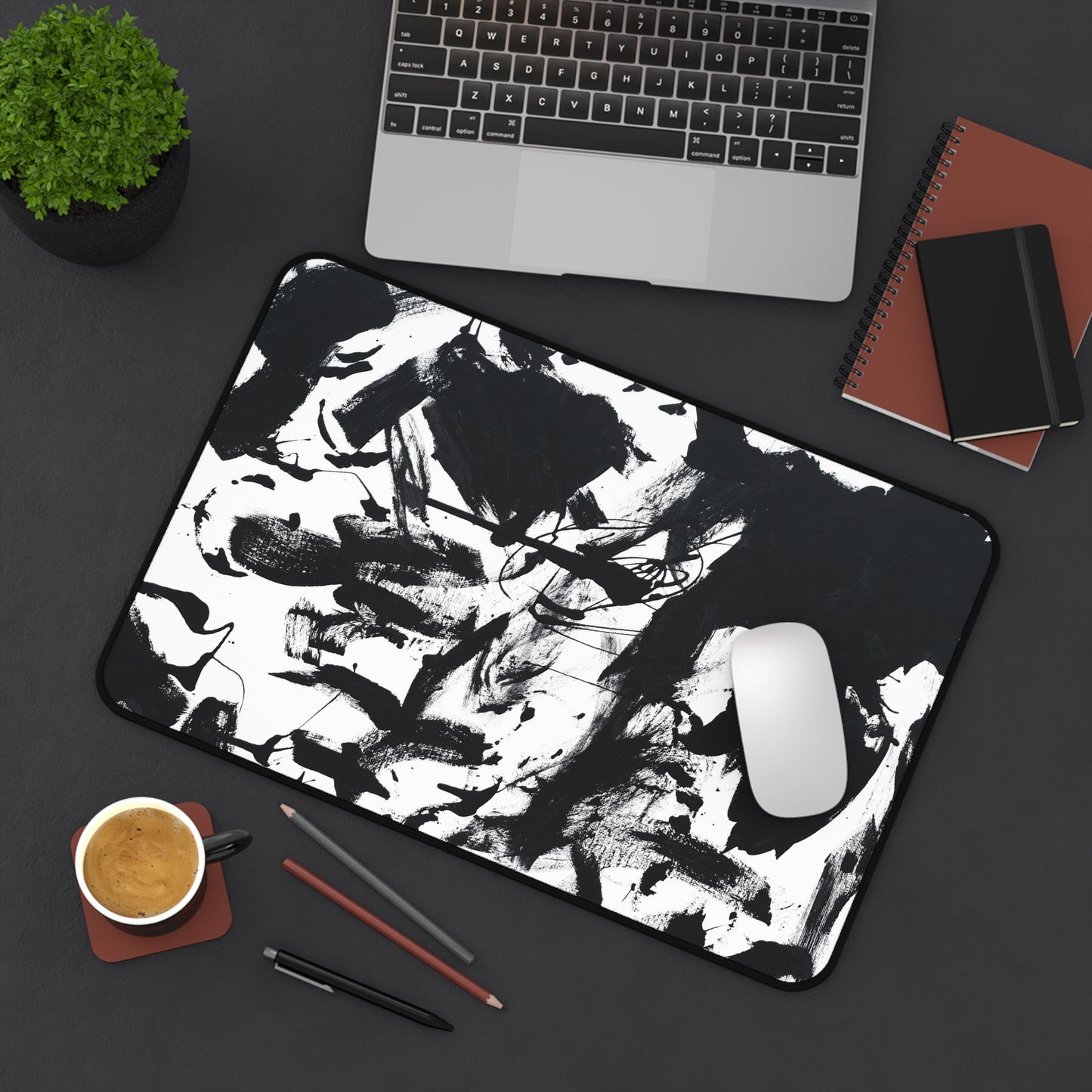 Black & White Abstract Ink Desk Mat — Modern Art Mouse Pad