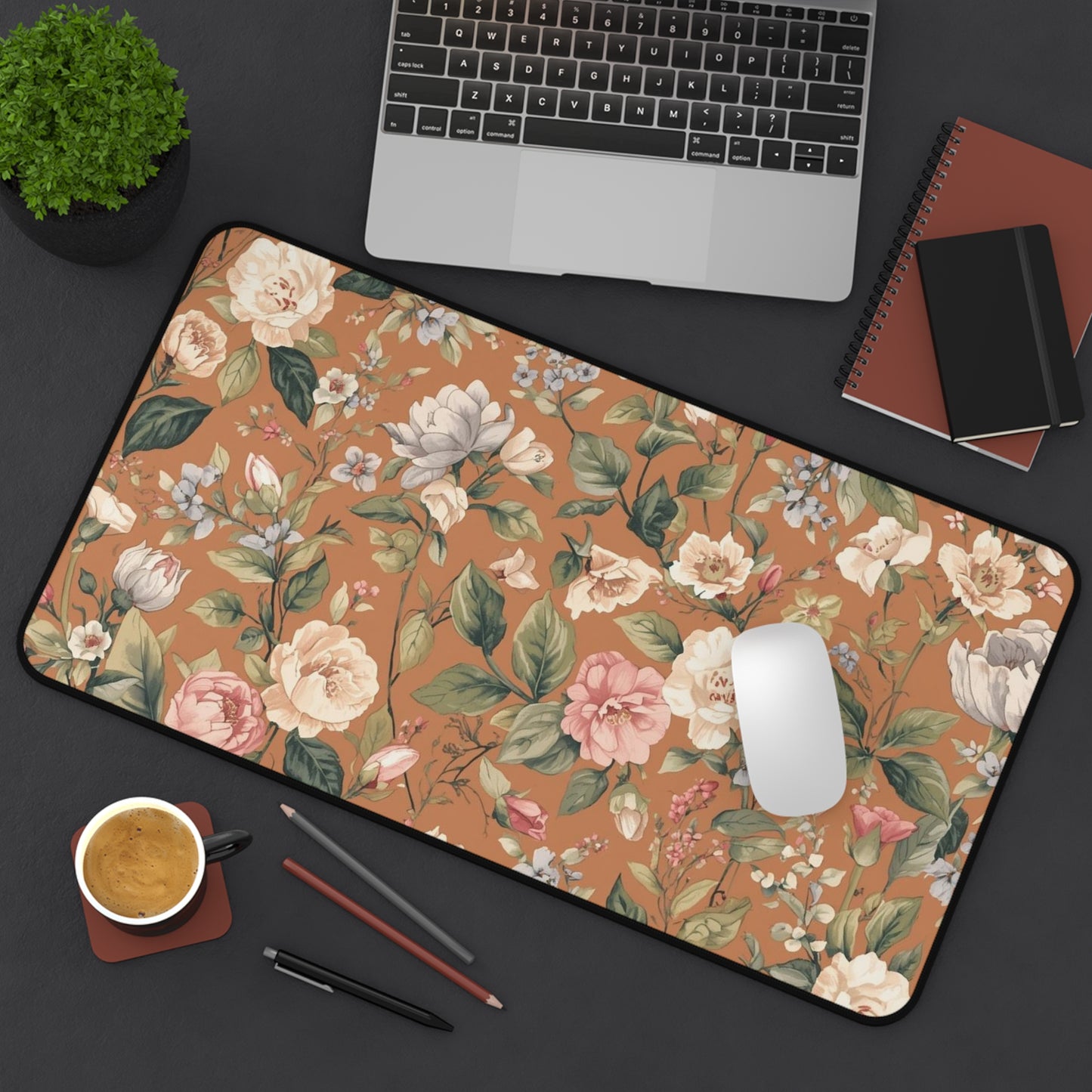 Vintage Floral Desk Mat — Warm Terracotta Floral Mouse Pad