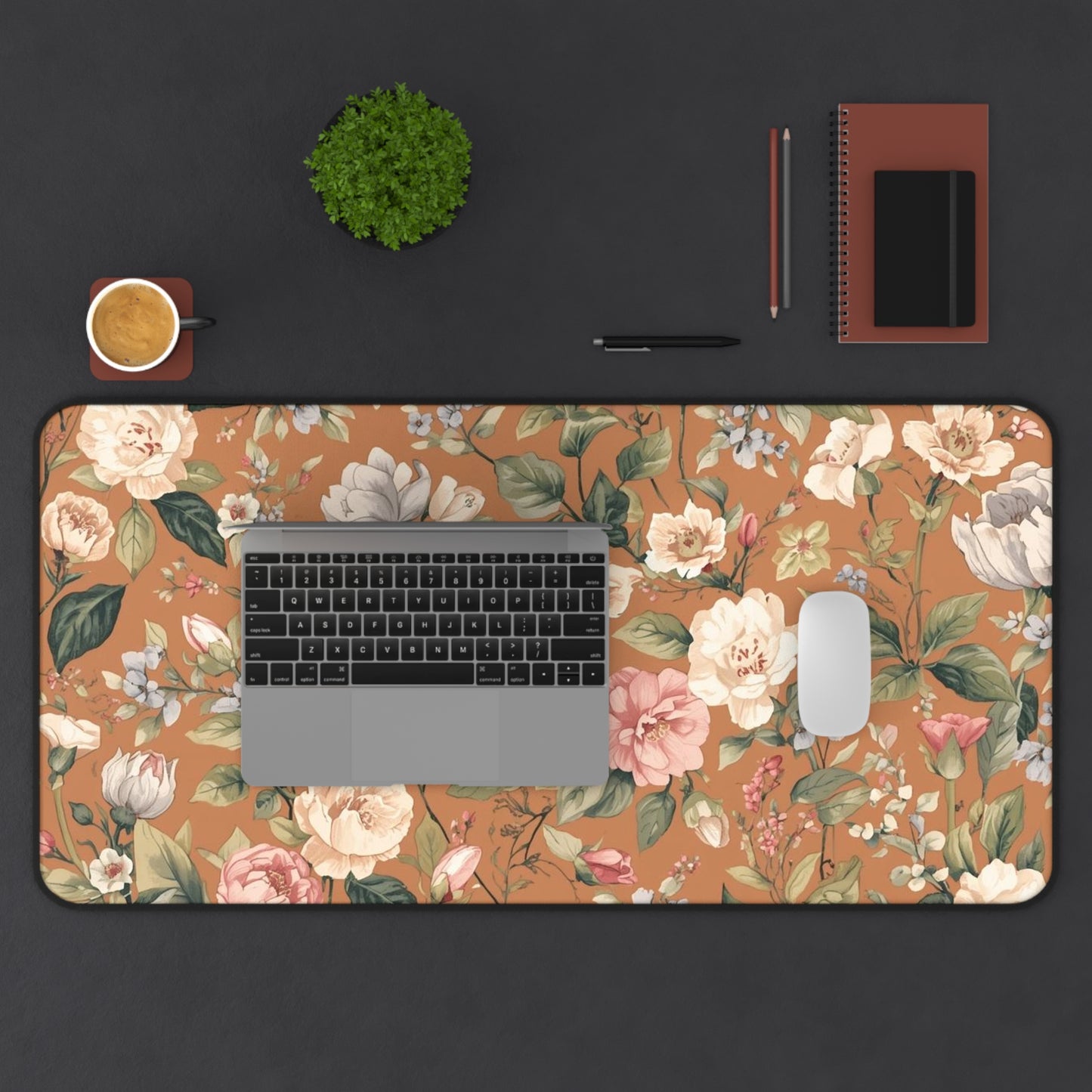 Vintage Floral Desk Mat — Warm Terracotta Floral Mouse Pad