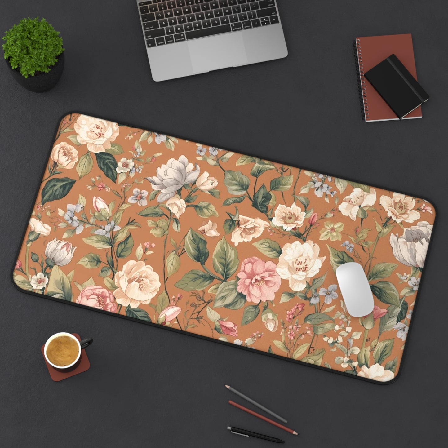 Vintage Floral Desk Mat — Warm Terracotta Floral Mouse Pad