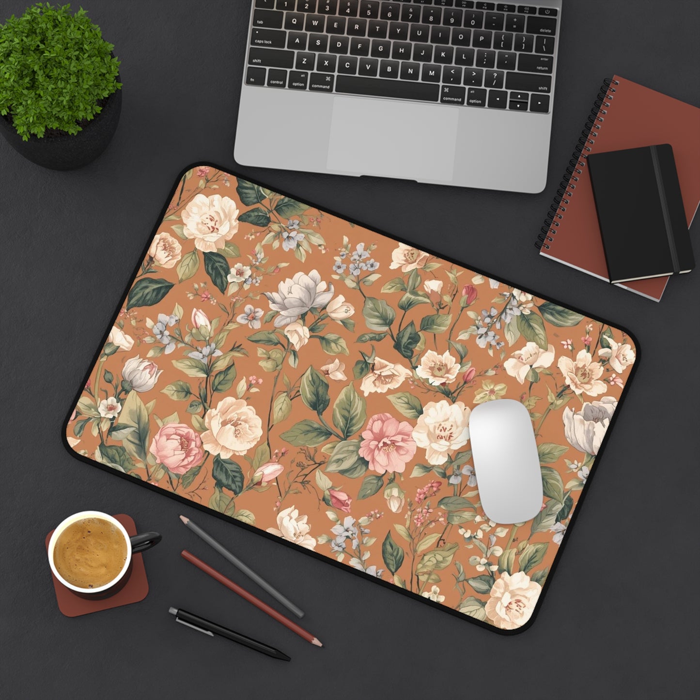Vintage Floral Desk Mat — Warm Terracotta Floral Mouse Pad